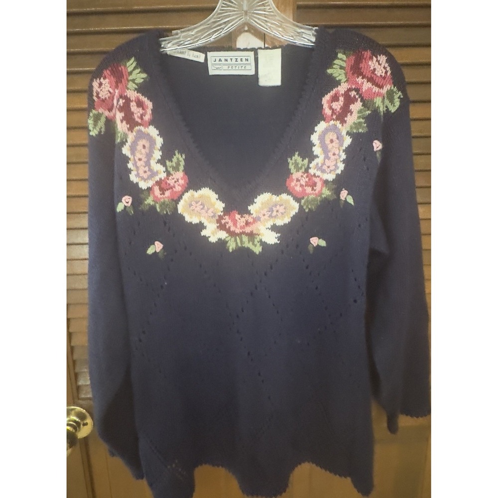 Vintage Jantzen‎ Petite Sweater Navy Floral Embroidered V-Neck Ramie Acrylic S